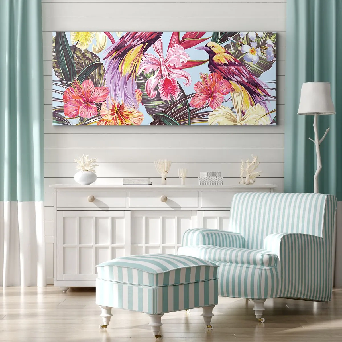 Impression sur toile - Image sur toile - Oiseaux exotiques parmi les fleurs tropicales - 120x50cm - Pétales et plumes - Décoration murale moderne pour le salon et la chambre ARTTOR