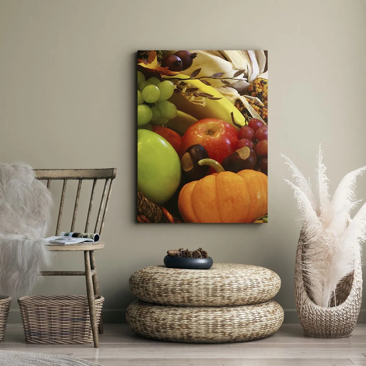 Impression sur toile - Image sur toile - Un panier de fruits, de citrouilles et de maïs sur fond de couleurs d'automne. - 50x70cm - Panier de récolte - Décoration murale moderne pour le salon et la chambre ARTTOR