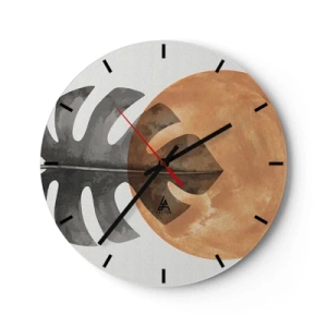 Horloge murale - Pendule murale - Une feuille de monstera contre un grand cercle orange comme le soleil - 30x30cm - Toujours le soleil - Décoration murale moderne pour le salon, la cuisine et la chambre ARTTOR