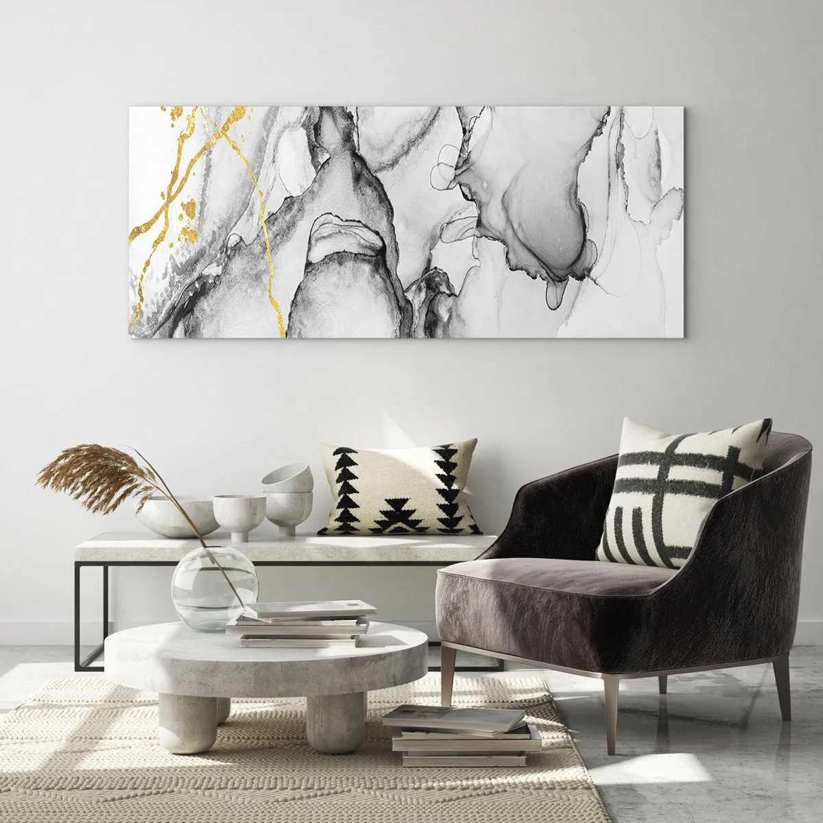 Impression sur verre - Image sur verre - Motifs abstraits en noir et blanc avec des accents dorés - 140x50cm - Composition à motif or - Décoration murale moderne pour le salon et la chambre ARTTOR