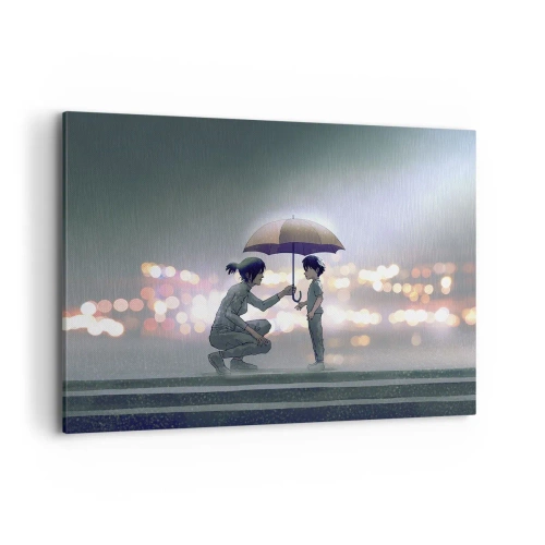 Impression sur toile - Image sur toile - Une silhouette avec un parapluie protégeant un enfant sur fond de lumières nocturnes. - 100x70cm - Et maintenant, tout va bien - Décoration murale moderne pour le salon et la chambre ARTTOR