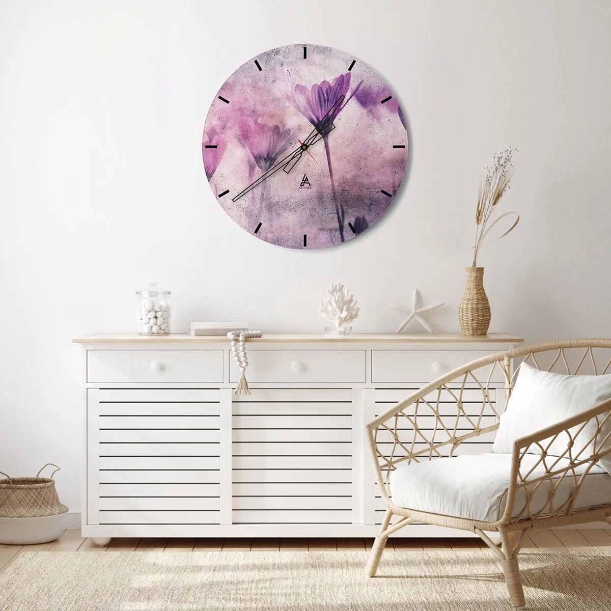 Horloge murale - Pendule murale - Délicates fleurs violettes sur fond pastel - 30x30cm - Rêve de fleurs - Décoration murale moderne pour le salon, la cuisine et la chambre ARTTOR