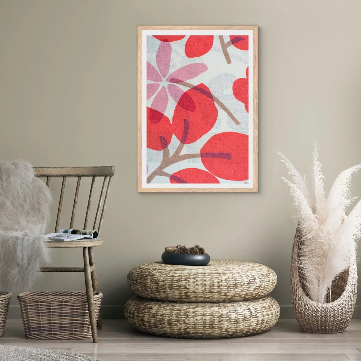 Affiche dans un chêne clair - Poster - Composition florale dans les roses - 70x100 cm