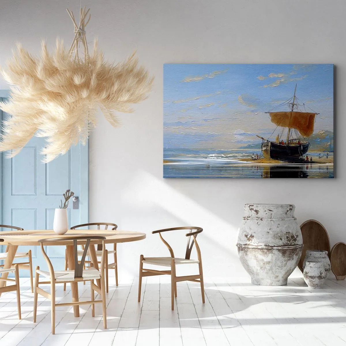 Impression sur toile - Image sur toile - Un bateau au bord de la mer par une journée ensoleillée - 70x50cm - Eau, terre, air - Décoration murale moderne pour le salon et la chambre ARTTOR