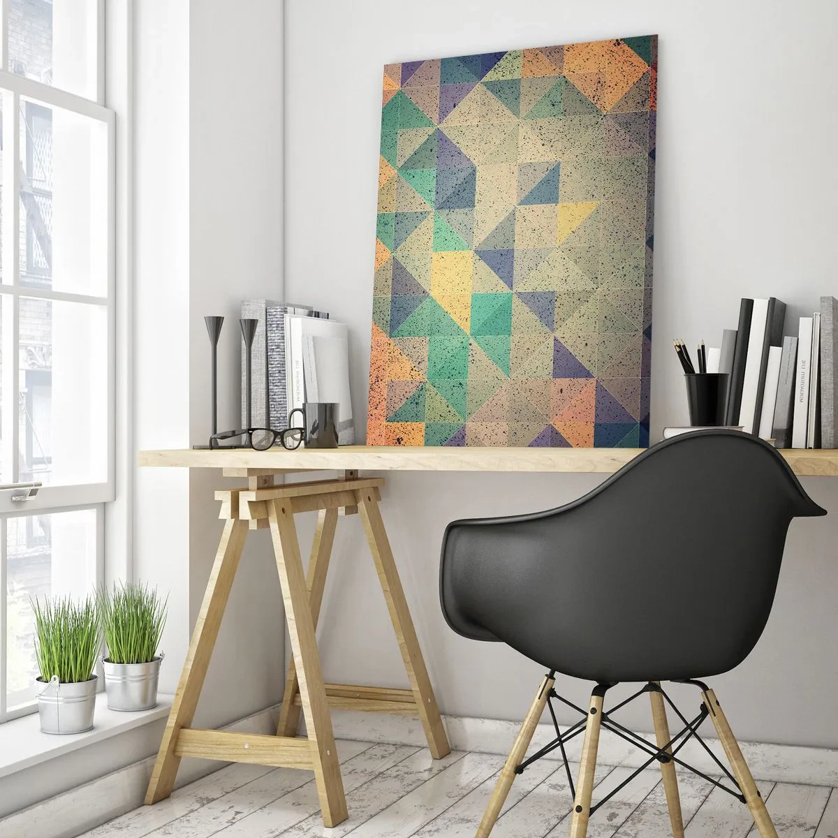 Impression sur verre - Image sur verre - Une composition colorée de triangles géométriques dans des tons pastel. - 70x100cm - République des triangles - Décoration murale moderne pour le salon et la chambre ARTTOR