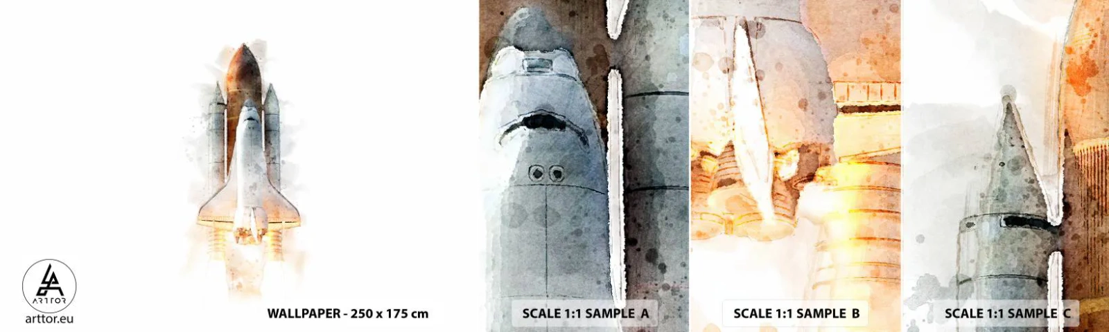 Échantillon de Papier Peint Autocollant Deluxe Sticker - Des explorateurs pour commencer - Une fusée spatiale, Cosmos, Minimalisme - 100x30 cm