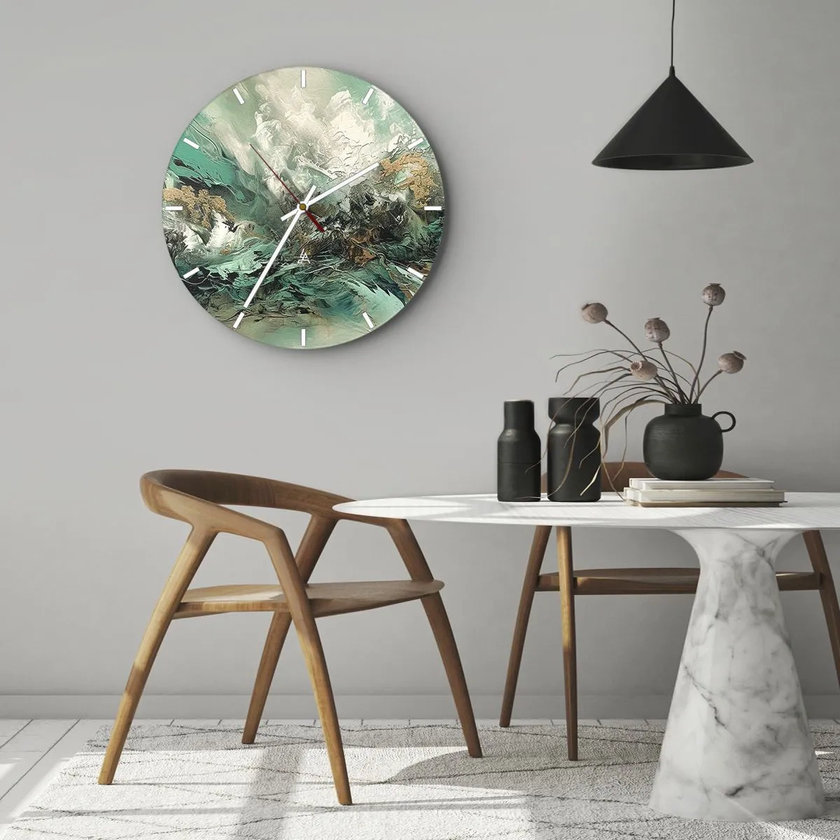 Horloge murale - Pendule murale - Abstraction dynamique en vert, blanc et or - 30x30cm - Ressac émeraude et noir - Décoration murale moderne pour le salon, la cuisine et la chambre ARTTOR