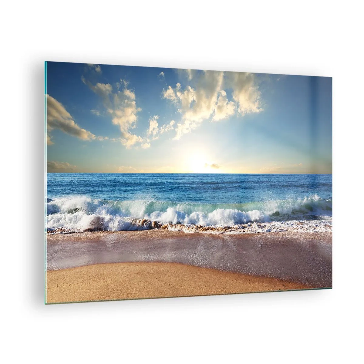 Impression sur verre - Image sur verre - Vagues de l'océan s'écrasant sur une plage dorée au lever du soleil - 70x50cm - Mouvement et immobilité à la fois - Décoration murale moderne pour le salon et la chambre ARTTOR