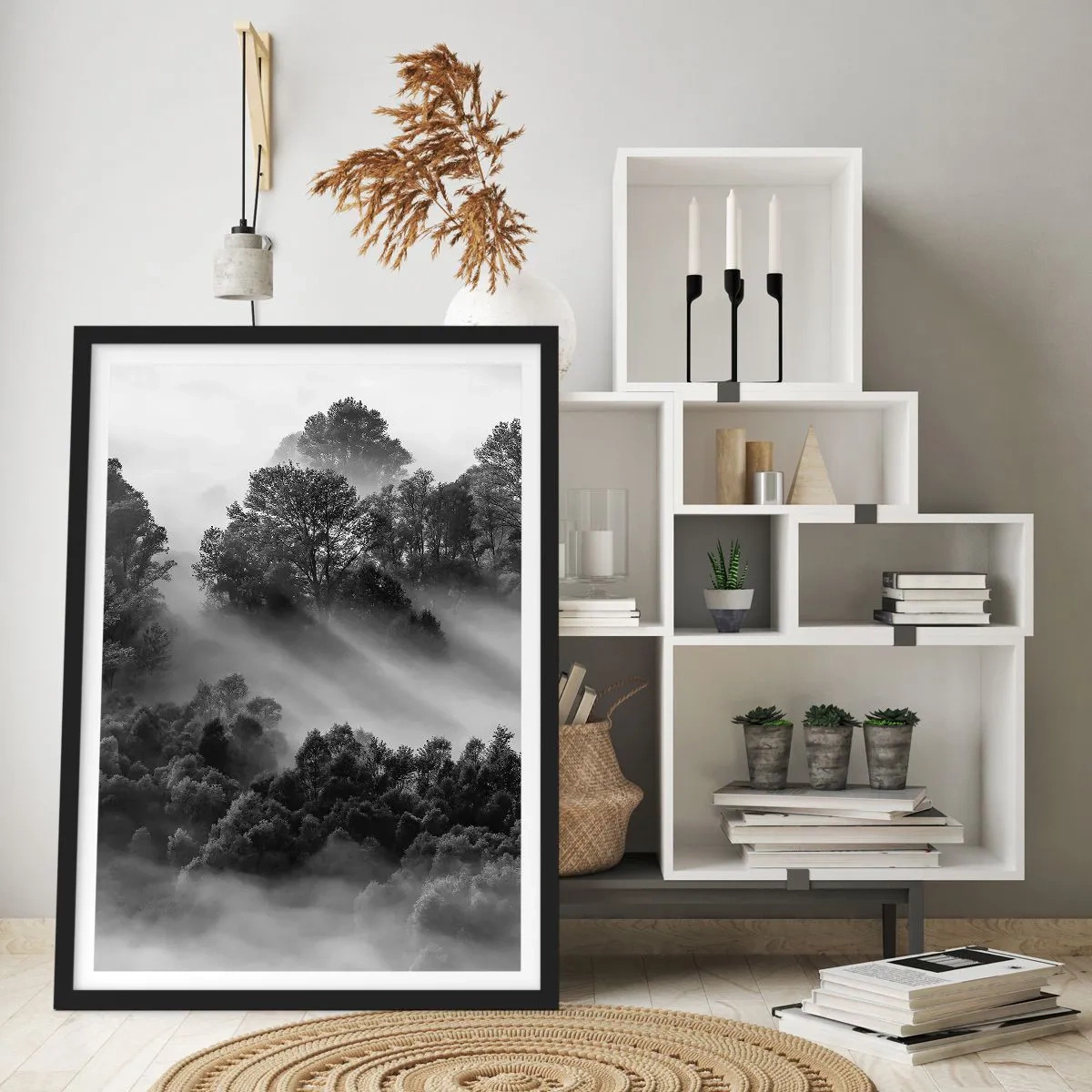 Affiche dans un cadre noir - Poster - Forêt brumeuse aux nuances de noir et blanc - 50x70cm - Sortir de son sommeil - Décoration murale moderne pour le salon et la chambre ARTTOR