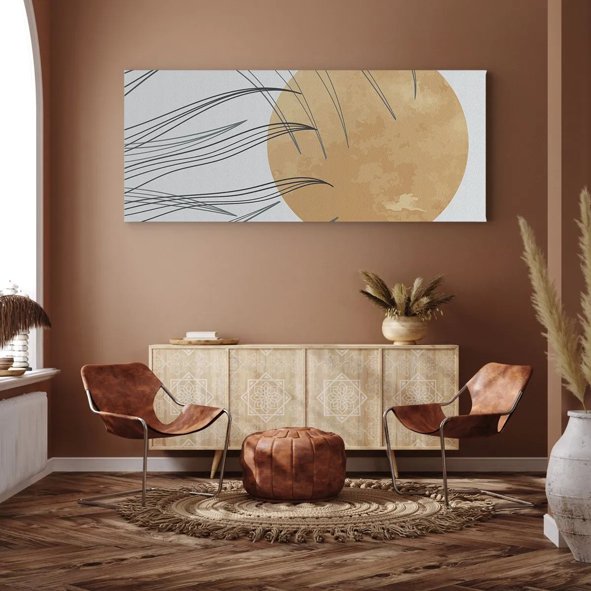 Impression sur toile - Image sur toile - Brins d'herbe abstraits sur fond de grand soleil orange - 120x50cm - Toujours vers le soleil - Décoration murale moderne pour le salon et la chambre ARTTOR