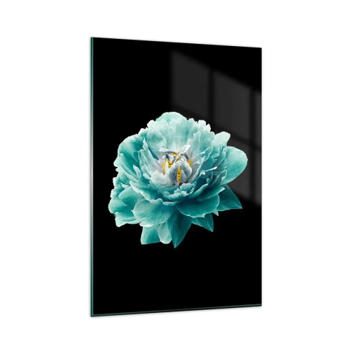 Impression sur verre - Image sur verre - Fleur de pivoine turquoise sur fond noir - 80x120cm - Pétales bleus et dorés - Décoration murale moderne pour le salon et la chambre ARTTOR