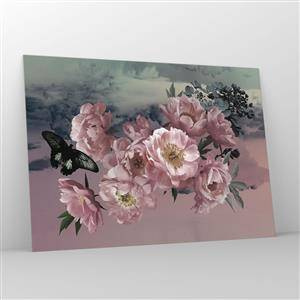 Impression sur verre - Image sur verre - Pivoines roses avec un papillon contre le ciel - 100x70cm - Pic du romantisme - Décoration murale moderne pour le salon et la chambre ARTTOR