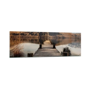 Impression sur verre - Image sur verre - Une jetée en bois sur un lac entouré de collines pittoresques - 160x50cm - Paysage silencieux - Décoration murale moderne pour le salon et la chambre ARTTOR
