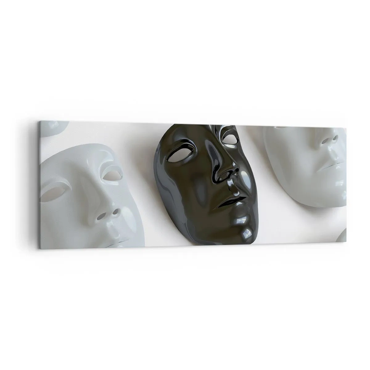 Impression sur toile - Image sur toile - Masques noirs et blancs sur fond clair - 140x50cm - Comment se démarquer ? - Décoration murale moderne pour le salon et la chambre ARTTOR