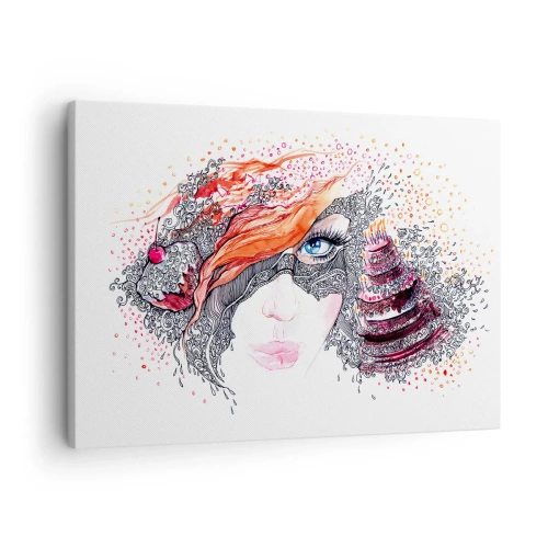 Impression sur toile - Image sur toile - Portrait artistique d'une femme avec des détails et un accent rouge - 70x50cm - Avec elle, c'est tous les jours la fête - Décoration murale moderne pour le salon et la chambre ARTTOR