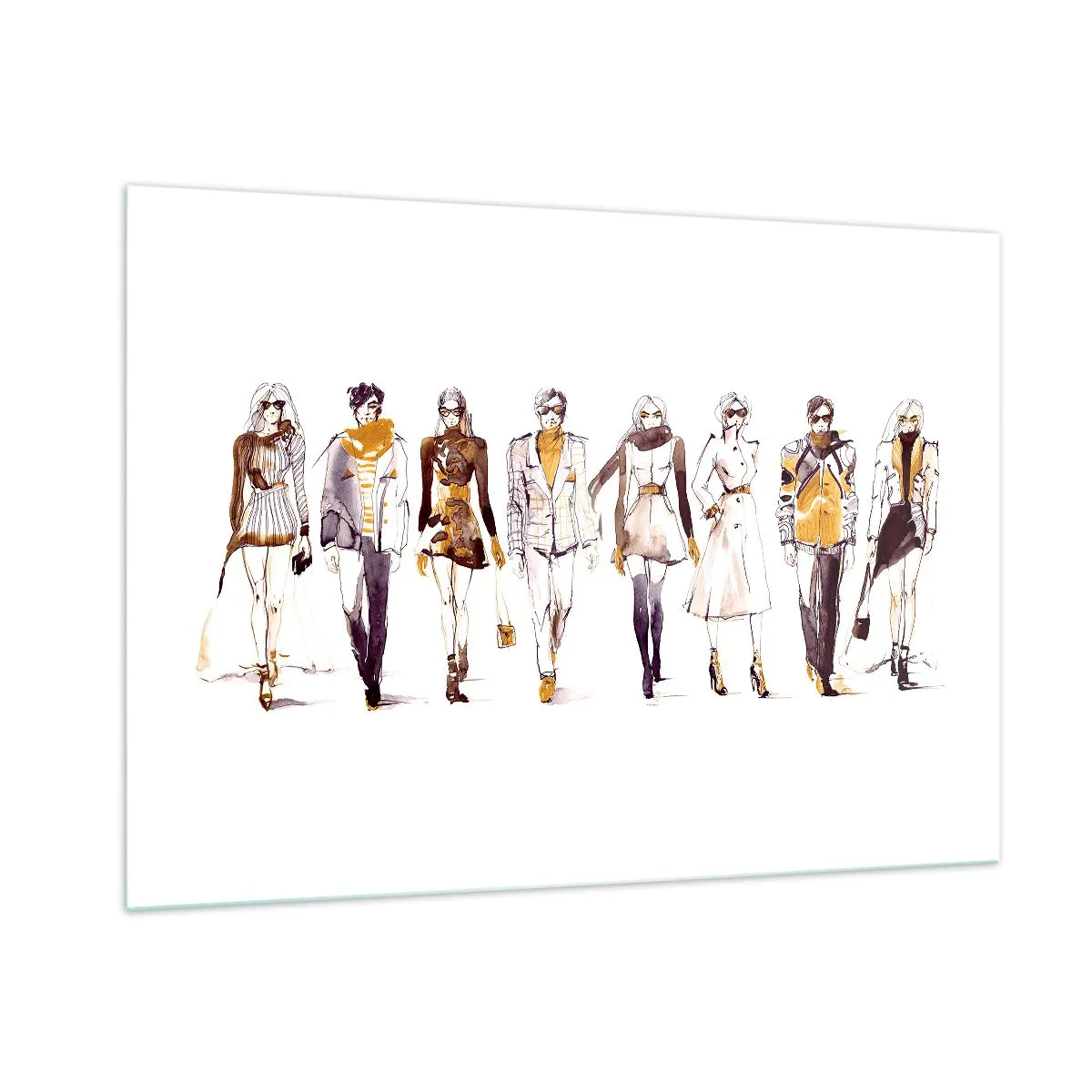 Impression sur verre - Image sur verre - Groupe de personnages à la mode dans un style croquis sur fond blanc - 100x70cm - Chic décontracté, élégance décontractée - Décoration murale moderne pour le salon et la chambre ARTTOR