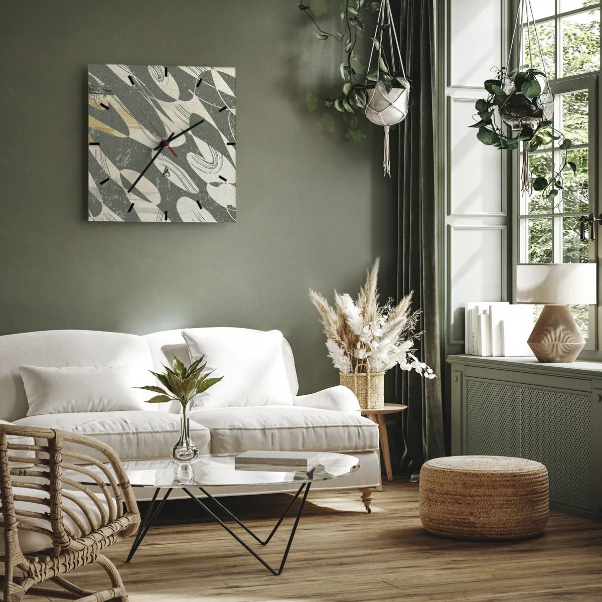 Horloge murale - Pendule murale - Formes dynamiques dans des tons de vert et d'or - 30x30cm - Abstraction rythmique - Décoration murale moderne pour le salon et la chambre ARTTOR