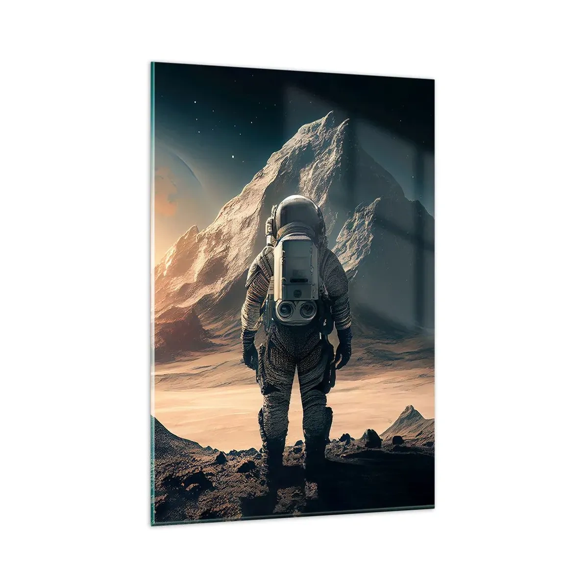Impression sur verre - Image sur verre - Astronaute sur fond de montagnes majestueuses - 80x120cm - Nouveau défi - Décoration murale moderne pour le salon et la chambre ARTTOR