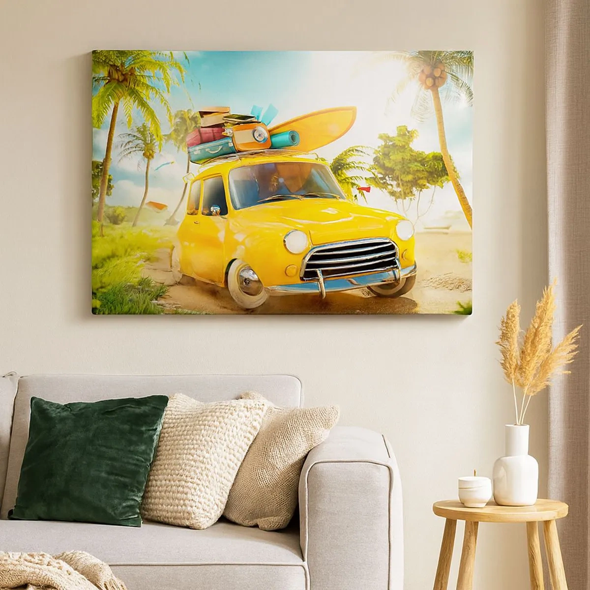 Impression sur toile - Image sur toile - Une voiture jaune avec des bagages dans un paysage tropical - 70x50cm - Un voyage pour plus d'un sourire - Décoration murale moderne pour le salon et la chambre ARTTOR