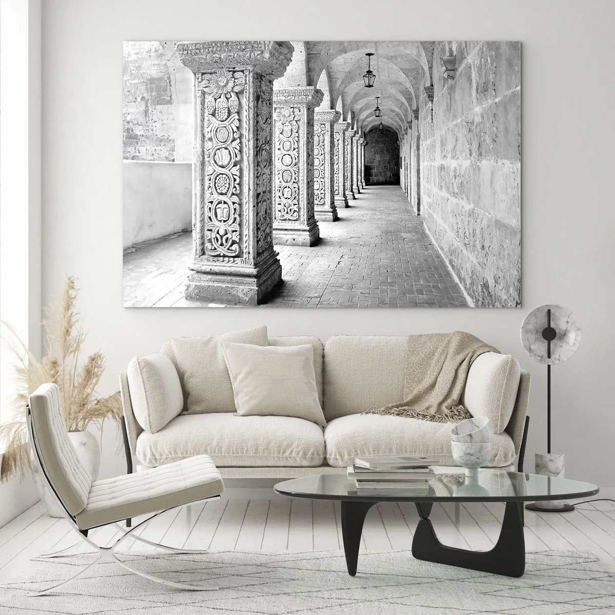 Impression sur verre - Image sur verre - Cloître historique avec colonnes sculptées - 70x50cm - Où cela mène-t-il…? - Décoration murale moderne pour le salon et la chambre ARTTOR