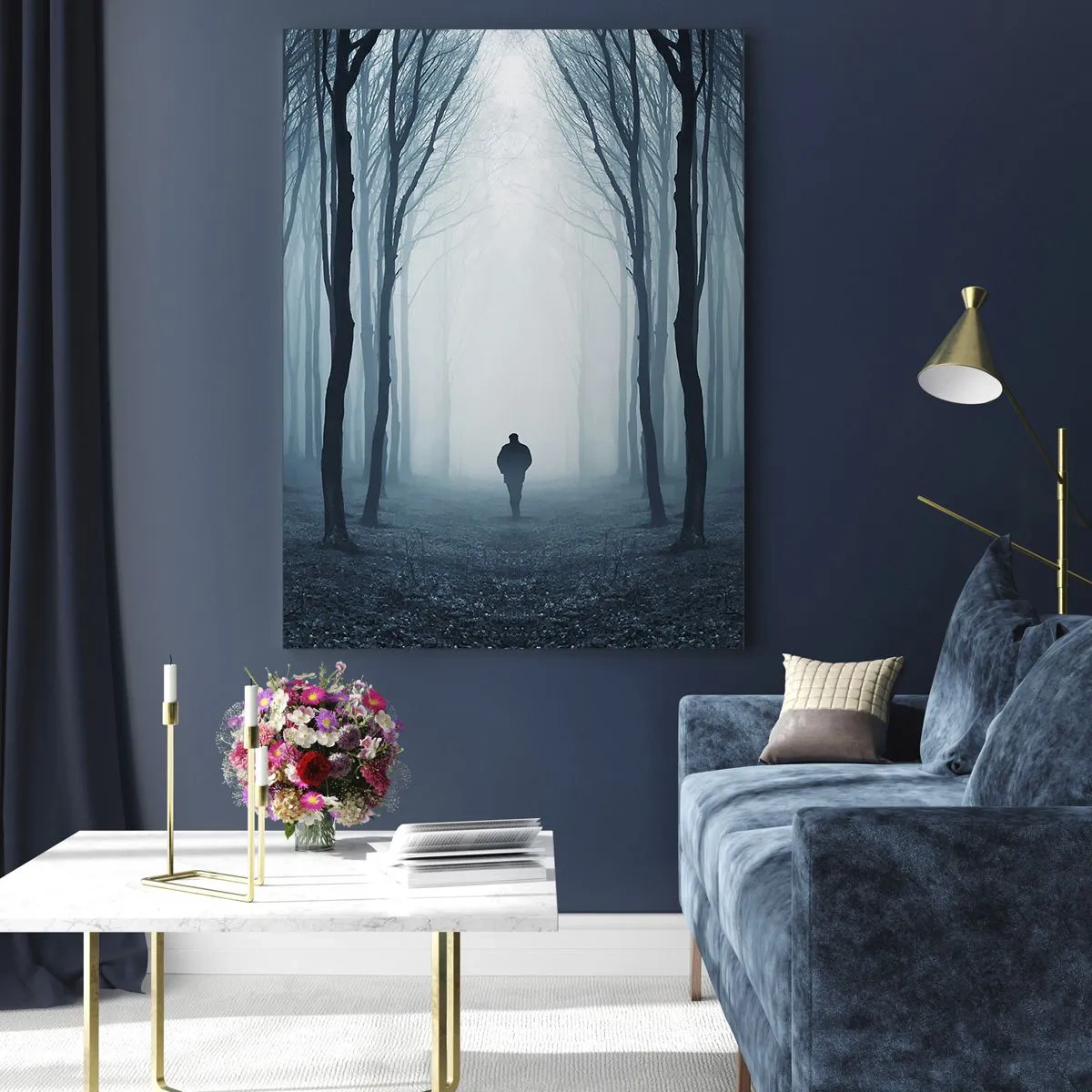 Impression sur verre - Image sur verre - Une silhouette marchant parmi les arbres dans une forêt brumeuse - 70x100cm - Tout est simple et clair - Décoration murale moderne pour le salon et la chambre ARTTOR