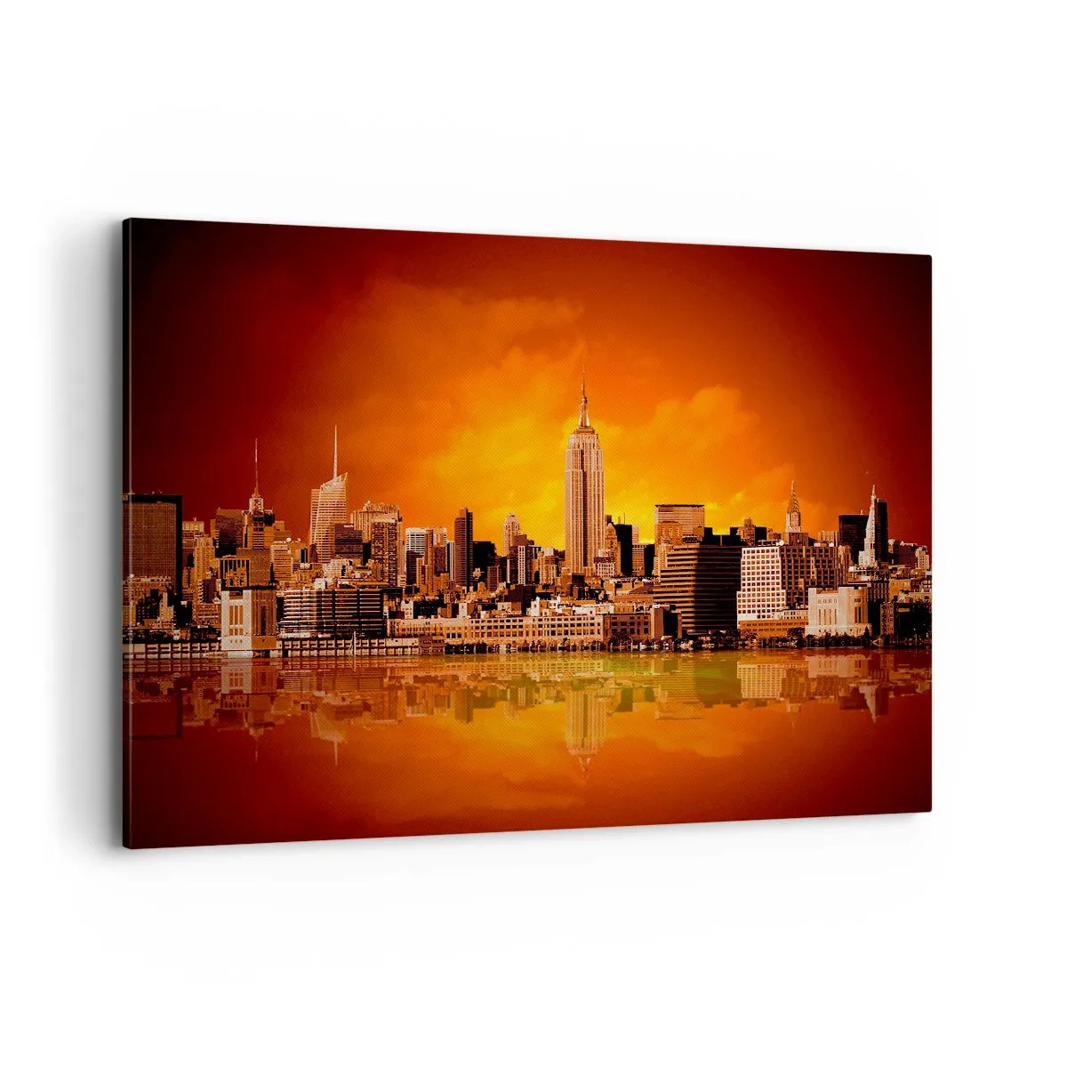 Impression sur toile - Image sur toile - Panorama de la ville au coucher du soleil avec les bâtiments se reflétant dans l'eau - 100x70cm - Panorama de grande ville en jaune et bronze - Décoration murale moderne pour le salon et la chambre ARTTOR