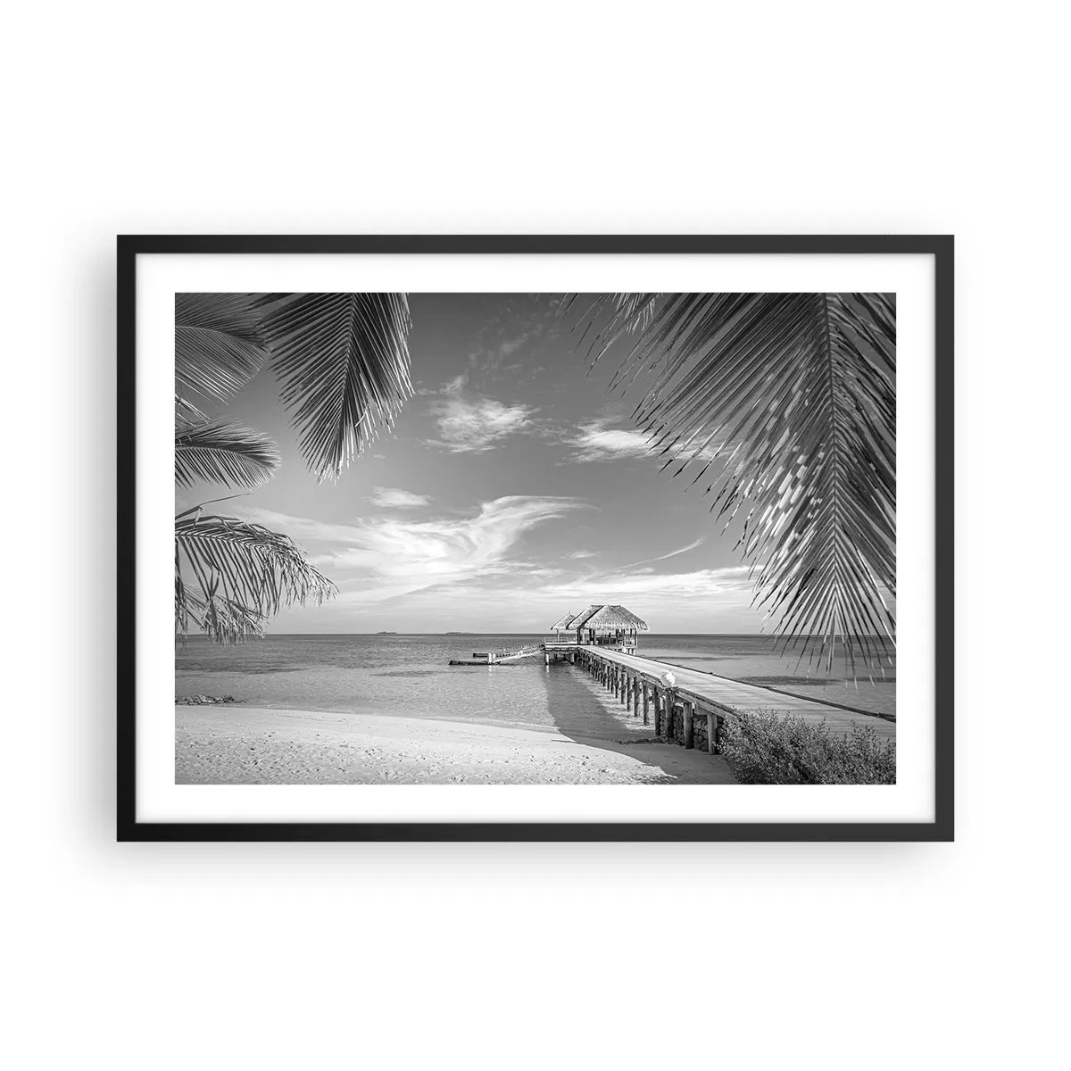 Affiche dans un cadre noir - Poster - Plage noire et blanche avec jetée et palmiers sur une côte tropicale - 70x50cm - Souvenirs ou rêve? - Décoration murale moderne pour le salon et la chambre ARTTOR