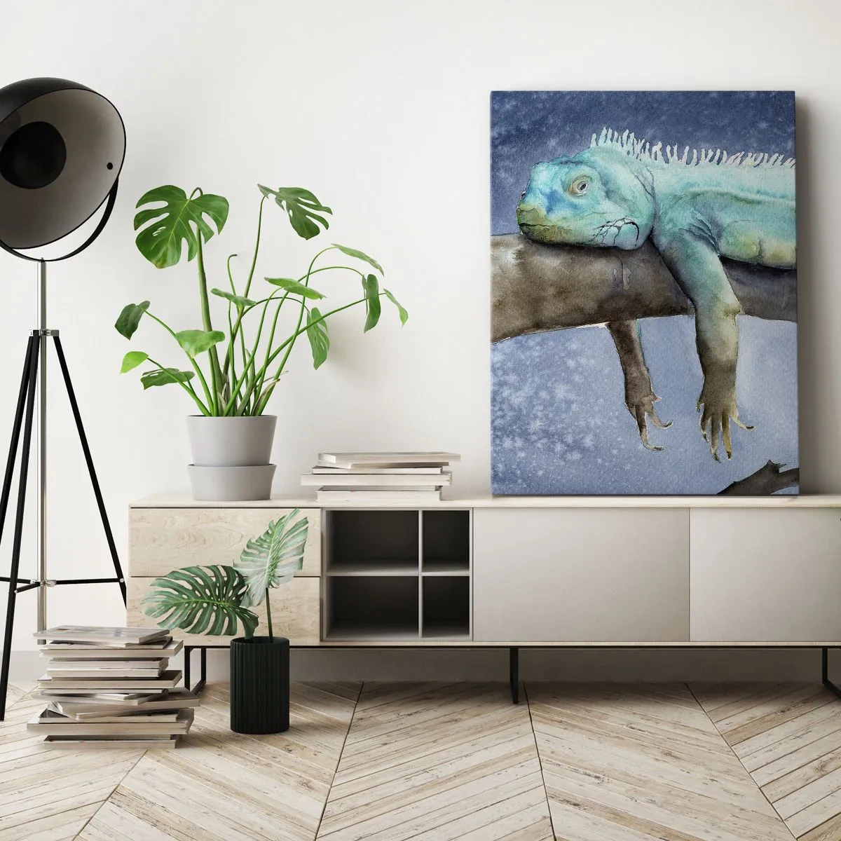 Impression sur toile - Image sur toile - Iguane bleu reposant sur une branche - 50x70cm - Tout va bien! - Décoration murale moderne pour le salon et la chambre ARTTOR