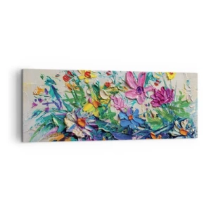 Impression sur toile - Image sur toile - Un bouquet de fleurs coloré peint selon la technique de l'empâtement - 140x50cm - Absolument pas une nature morte - Décoration murale moderne pour le salon et la chambre ARTTOR