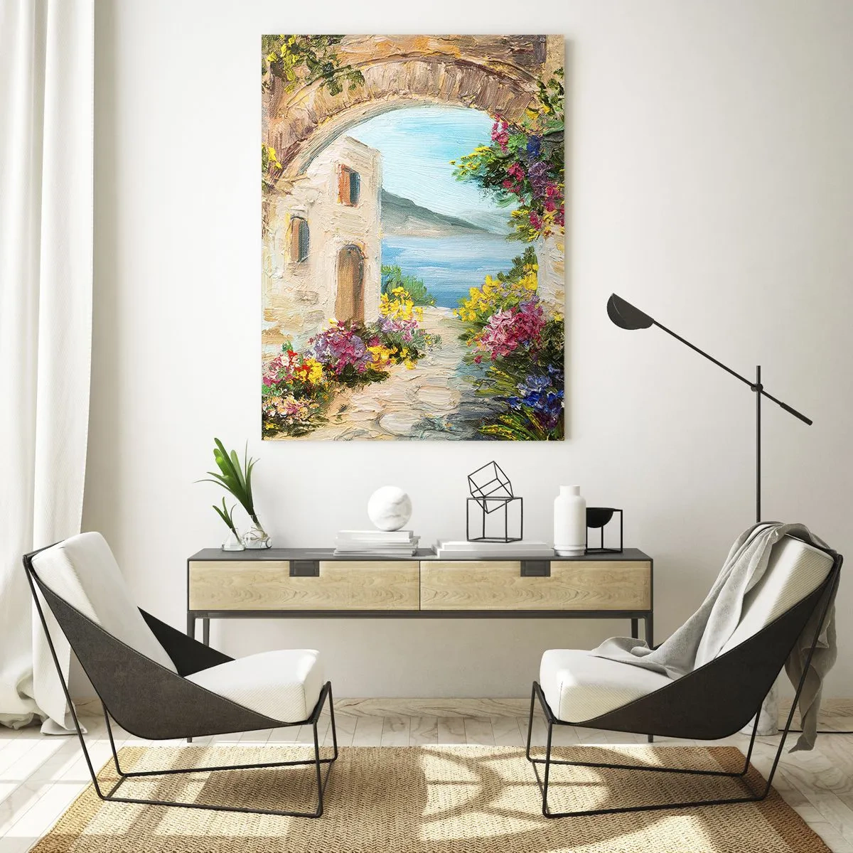 Impression sur verre - Image sur verre - Une rue pittoresque avec vue sur le lac - 50x70cm - Le charme d'une province côtière - Décoration murale moderne pour le salon et la chambre ARTTOR