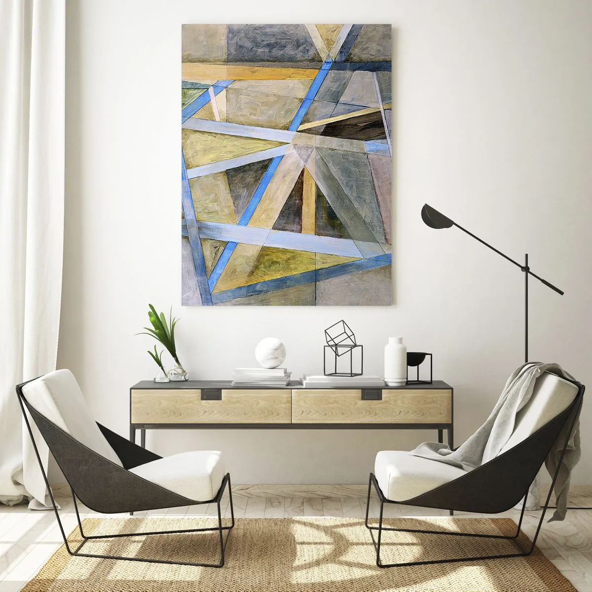 Impression sur verre - Image sur verre - Composition géométrique avec des lignes claires et bleues - 70x100cm - Tout droit ou en diagonale ? - Décoration murale moderne pour le salon et la chambre ARTTOR