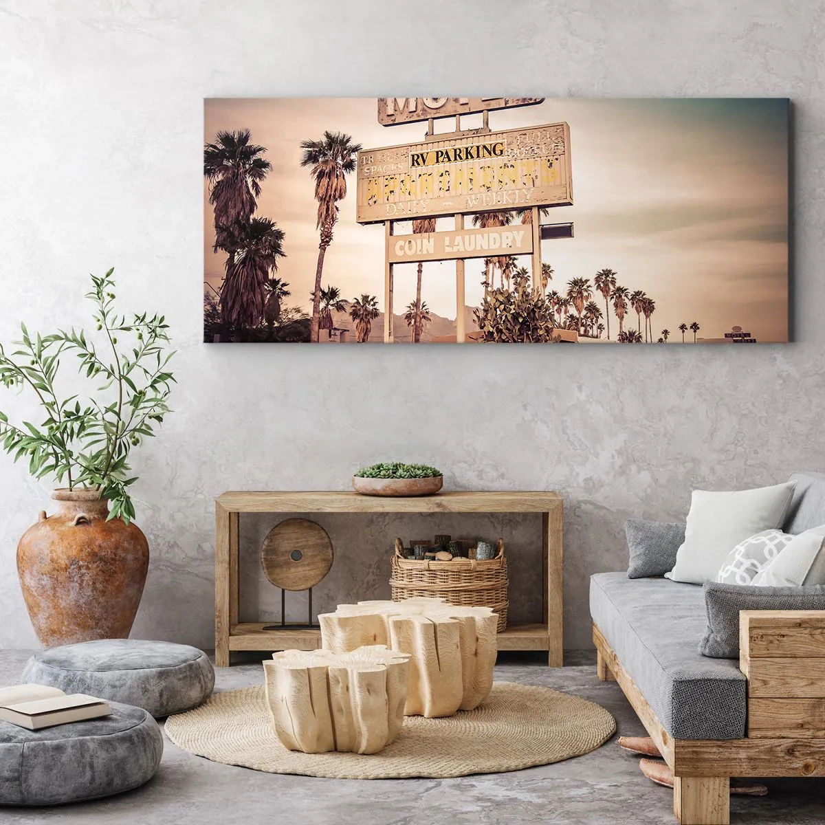 Impression sur toile - Image sur toile - Panneau de motel rétro entouré de palmiers - 160x50cm - Ici, le temps s'est arrêté - Décoration murale moderne pour le salon et la chambre ARTTOR