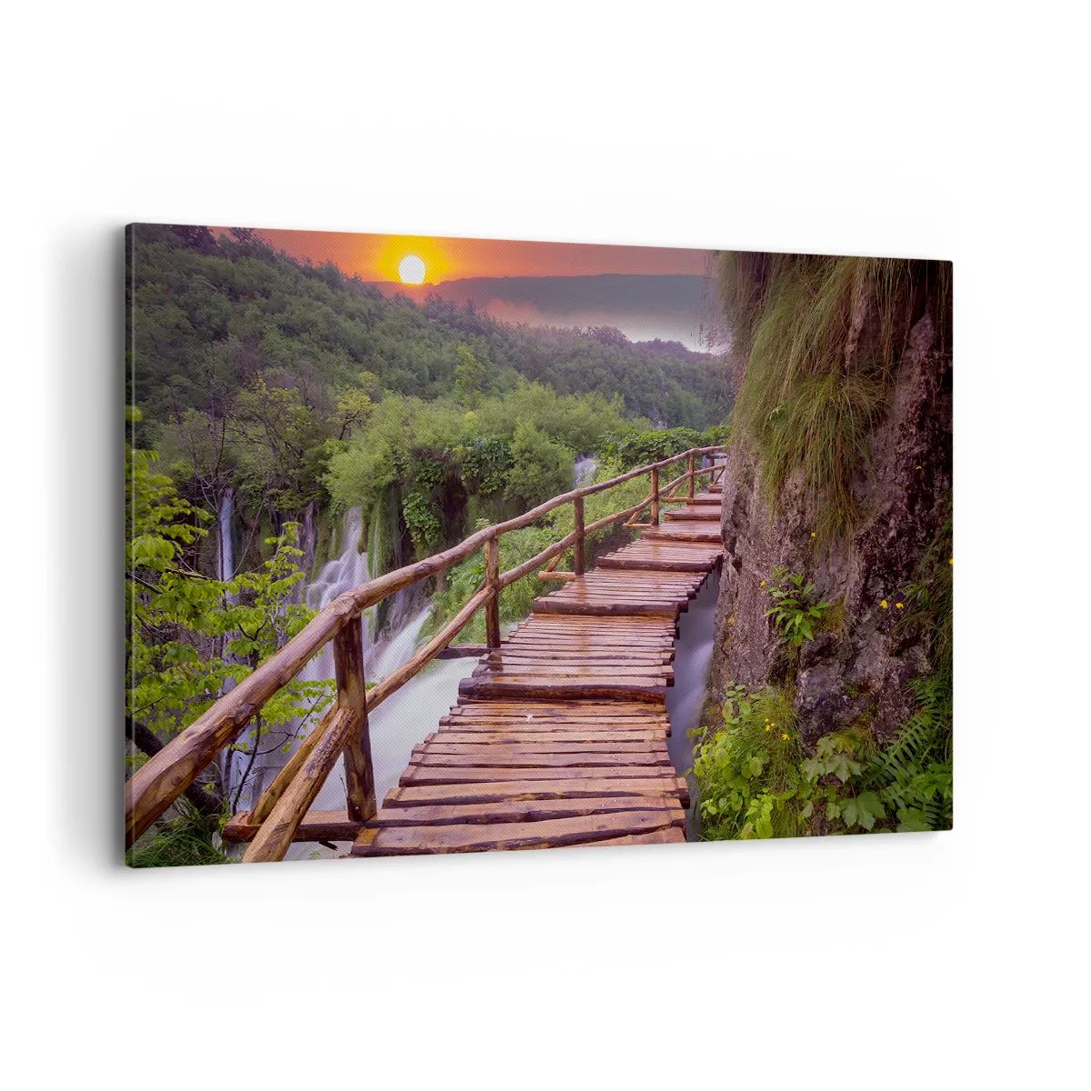 Impression sur toile - Image sur toile - Un pont surplombant les cascades au coucher du soleil - 120x80cm - La beauté au-delà de la croyance - Décoration murale moderne pour le salon et la chambre ARTTOR