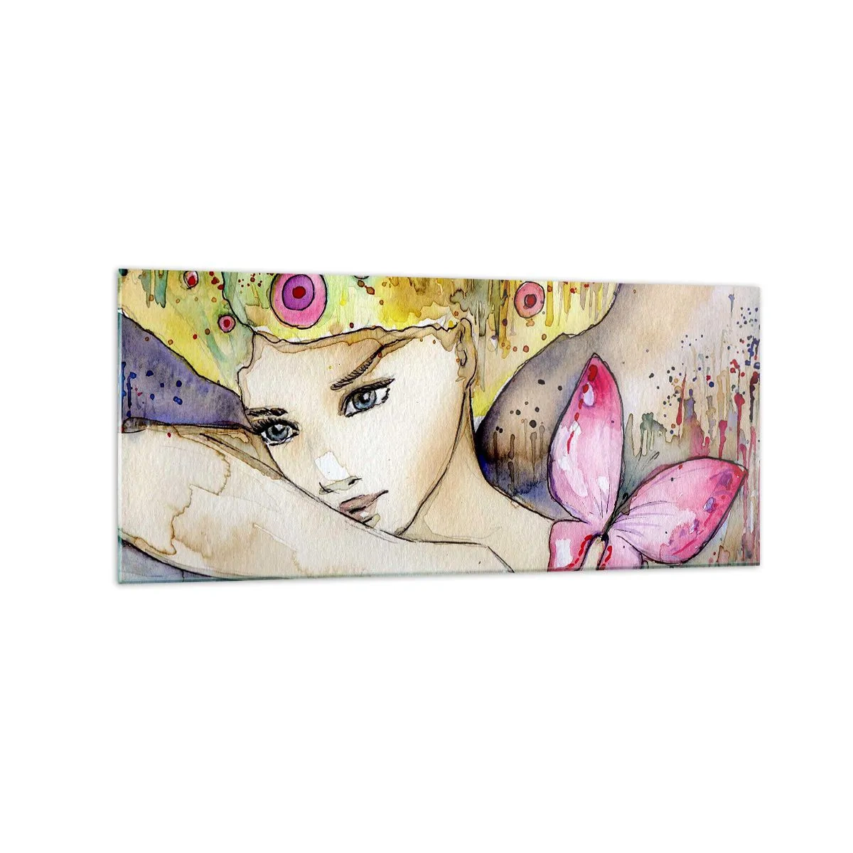 Impression sur verre - Image sur verre - Une femme avec une coiffure abstraite et un papillon rose - 120x50cm - La princesse papillon - Décoration murale moderne pour le salon et la chambre ARTTOR