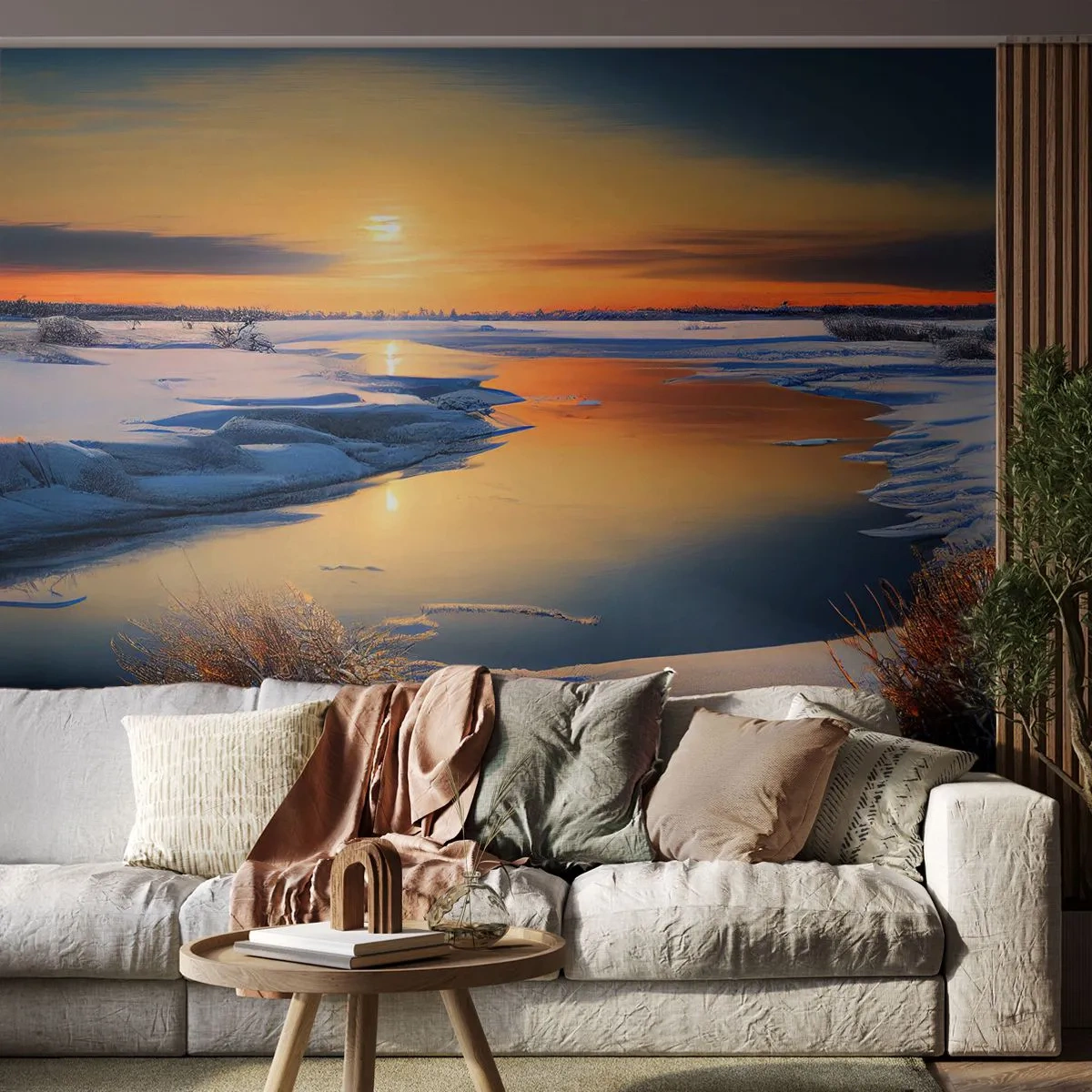 Papier Peint Photo Premium Canvas - Coucher de soleil d'hiver - Hiver, Rivière, Paysage - 200x140 cm
