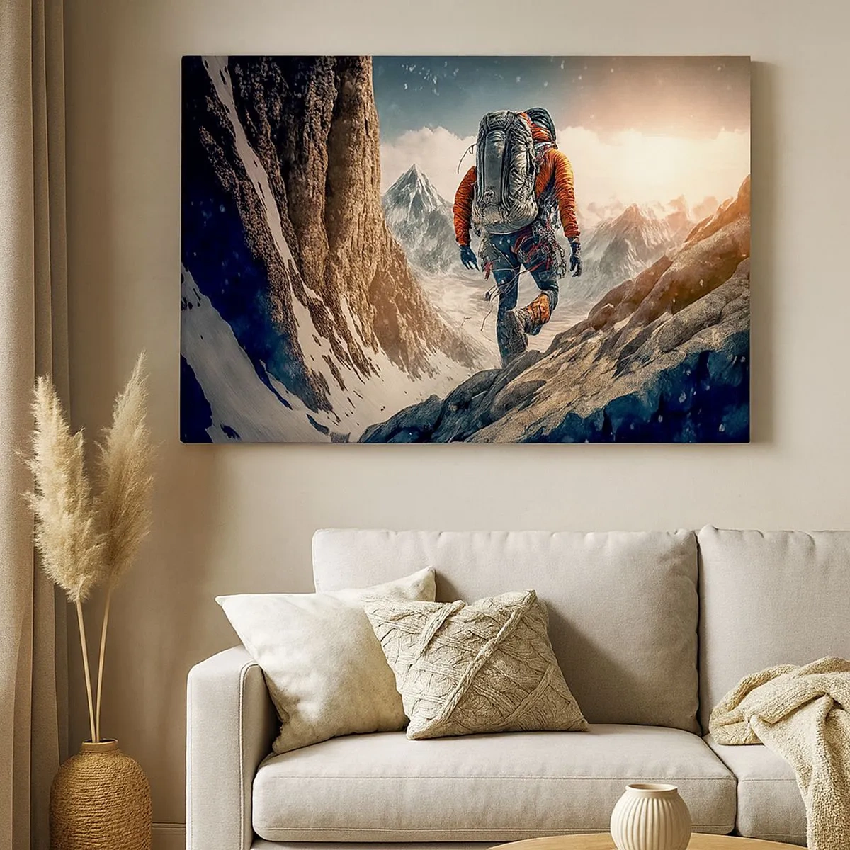 Impression sur toile - Image sur toile - Un grimpeur sur un sentier de montagne dans un paysage hivernal - 70x50cm - Guerrier solitaire - Décoration murale moderne pour le salon et la chambre ARTTOR