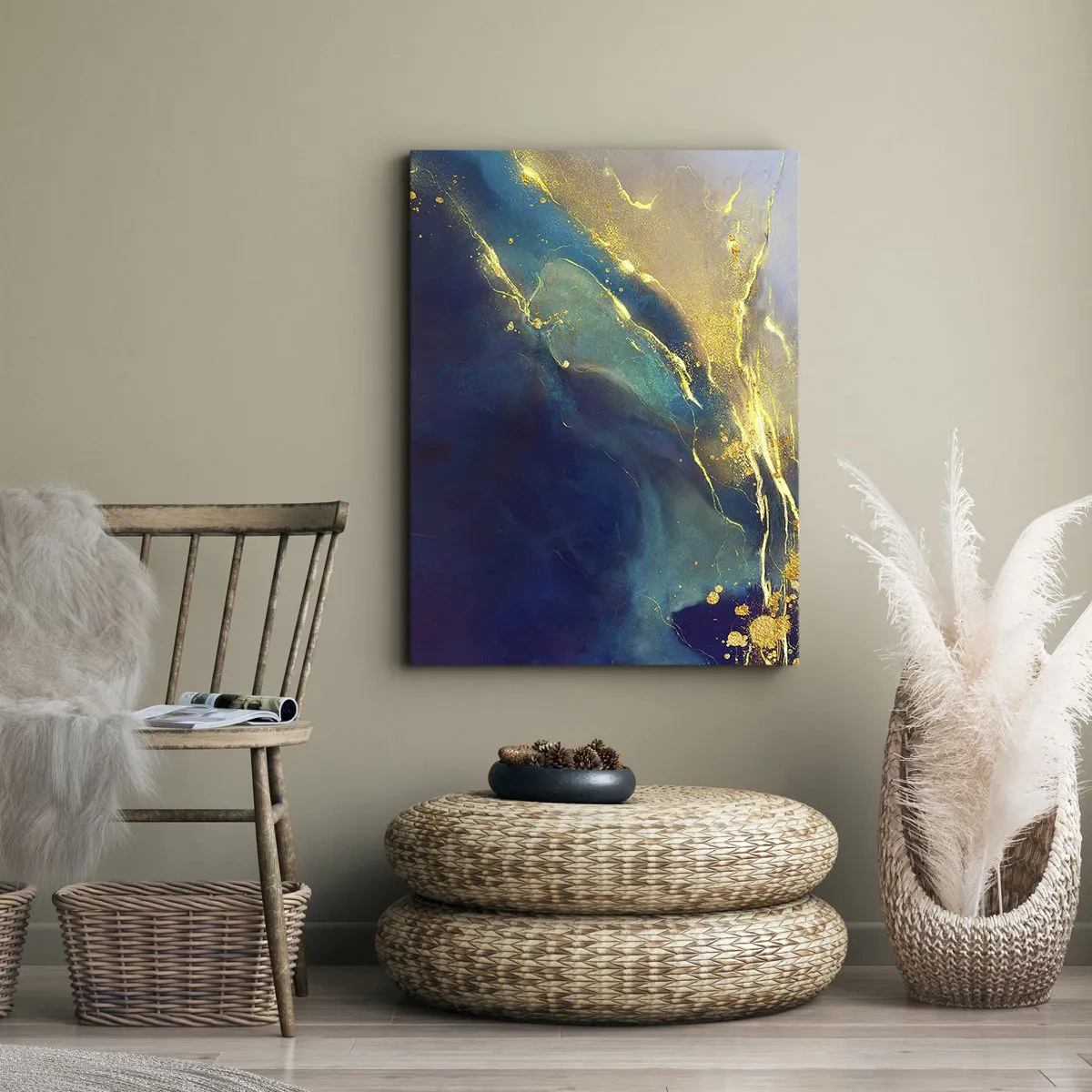 Impression sur toile - Image sur toile - Composition abstraite dans les tons bleu et or sur toile - 50x70cm - Coulée d'or - Décoration murale moderne pour le salon et la chambre ARTTOR