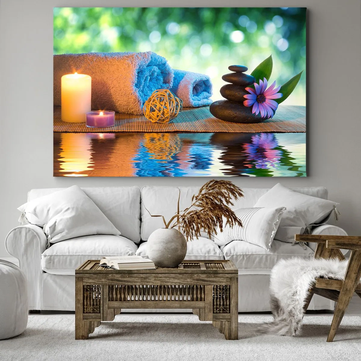 Impression sur toile - Image sur toile - Ensemble SPA relaxant avec serviettes, bougies et pierres - 70x50cm - Temps pour le corps - Décoration murale moderne pour le salon et la chambre ARTTOR