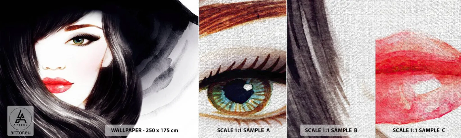 Échantillon de Papier Peint Premium Canvas - Aspect saphir - Visage de femme, lèvres rouges, Yeux verts - 100x30 cm