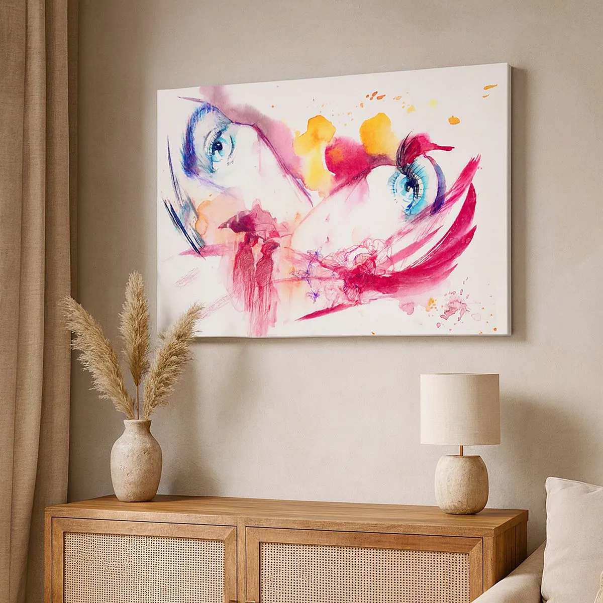 Impression sur toile - Image sur toile - Un visage abstrait avec des yeux expressifs et des accents rouges. - 70x50cm - Le monde prospère dans la proximité - Décoration murale moderne pour le salon et la chambre ARTTOR