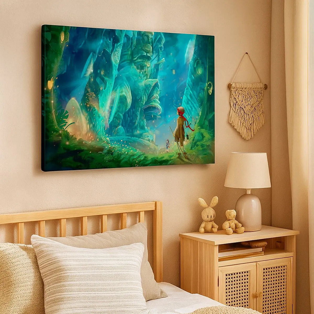 Impression sur toile - Image sur toile - Forêt magique avec un personnage d'explorateur - 70x50cm - Du grand livre des contes de fées - Décoration murale moderne pour le salon et la chambre ARTTOR