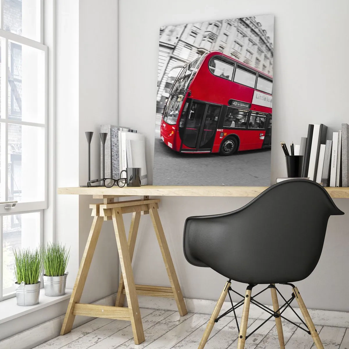 Impression sur verre - Image sur verre - Un bus londonien rouge sur fond de rue noire et blanche - 70x100cm - Londres traditionnellement - en bus - Décoration murale moderne pour le salon et la chambre ARTTOR