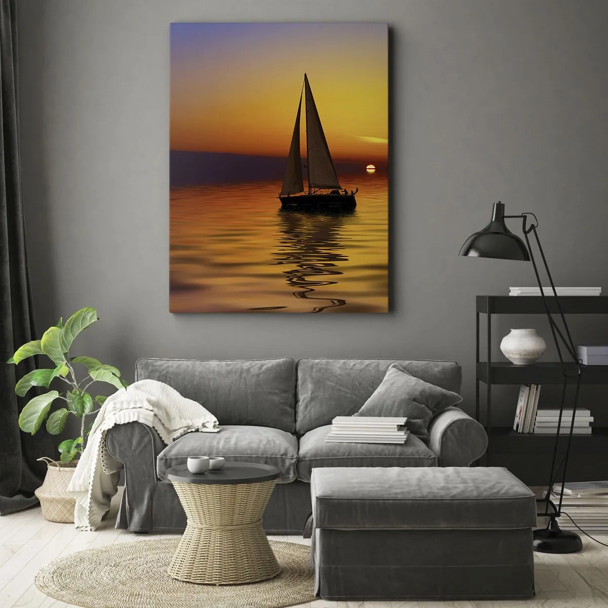 Impression sur toile - Image sur toile - Un voilier sur une mer calme au coucher du soleil - 50x70cm - Comme c'est calme au crépuscule… - Décoration murale moderne pour le salon et la chambre ARTTOR