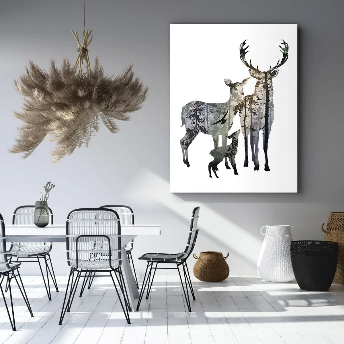 Impression sur toile - Image sur toile - Paysage forestier aux silhouettes de cerfs - 80x120cm - Photographie de famille - Décoration murale moderne pour le salon et la chambre ARTTOR