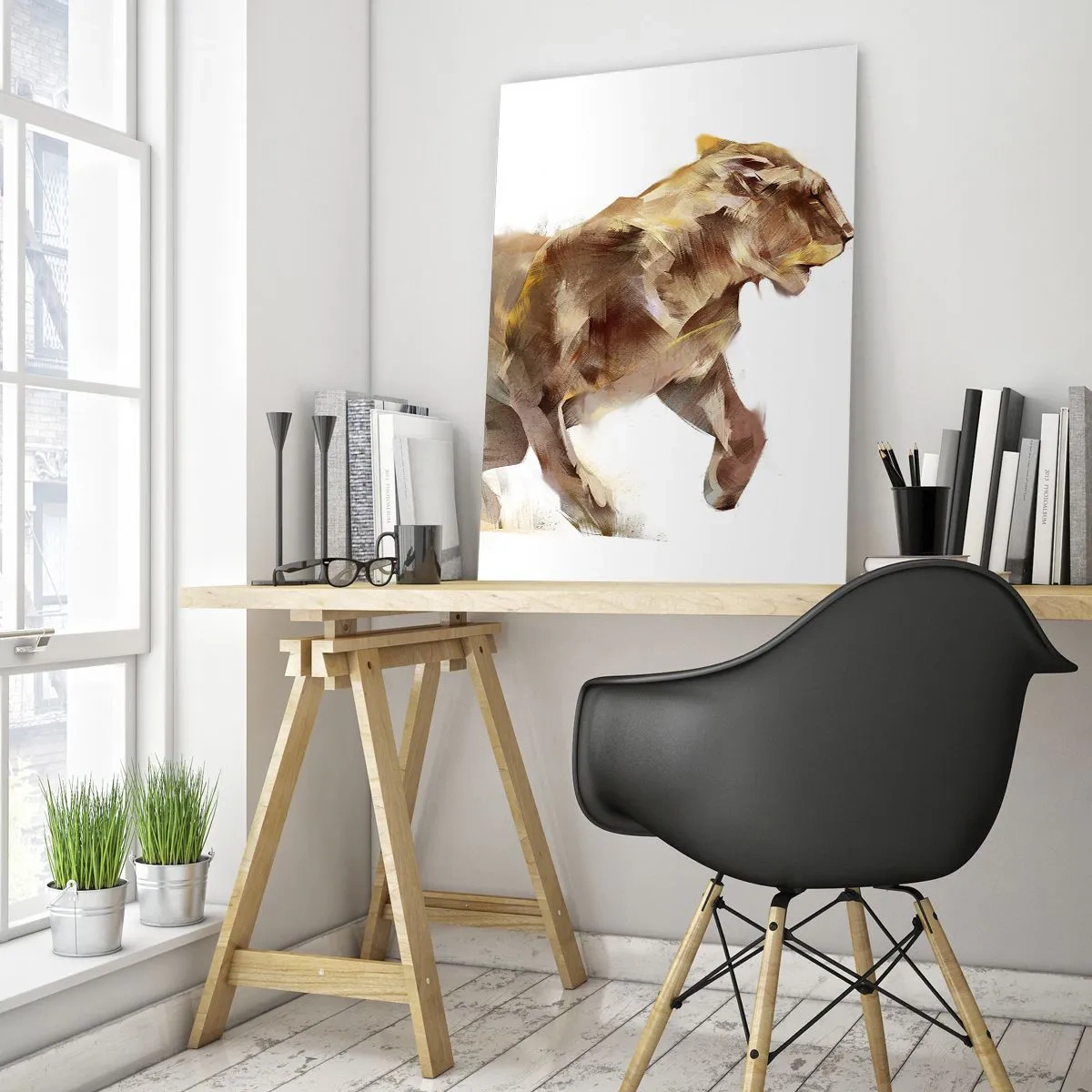 Impression sur verre - Image sur verre - Une lionne qui court dans une interprétation artistique - 70x100cm - Grâce sauvage - Décoration murale moderne pour le salon et la chambre ARTTOR