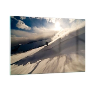 Impression sur verre - Image sur verre - Un skieur dévalant une pente à la lumière du soleil d'hiver - 120x80cm - Défi montagne accepté - Décoration murale moderne pour le salon et la chambre ARTTOR