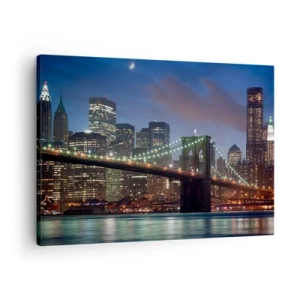 Impression sur toile - Image sur toile - Pont de New York la nuit avec bâtiments illuminés - 70x50cm - Nuit rougeoyante - Décoration murale moderne pour le salon et la chambre ARTTOR