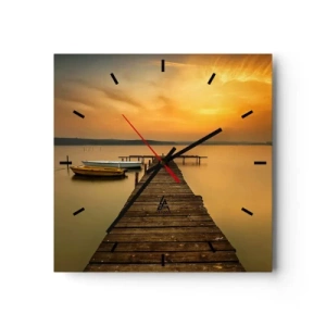 Horloge murale - Pendule murale - Jetée en bois et bateaux sur le lac au coucher du soleil - 30x30cm - Je t'ouvrirai le ciel d'or - Décoration murale moderne pour le salon et la chambre ARTTOR