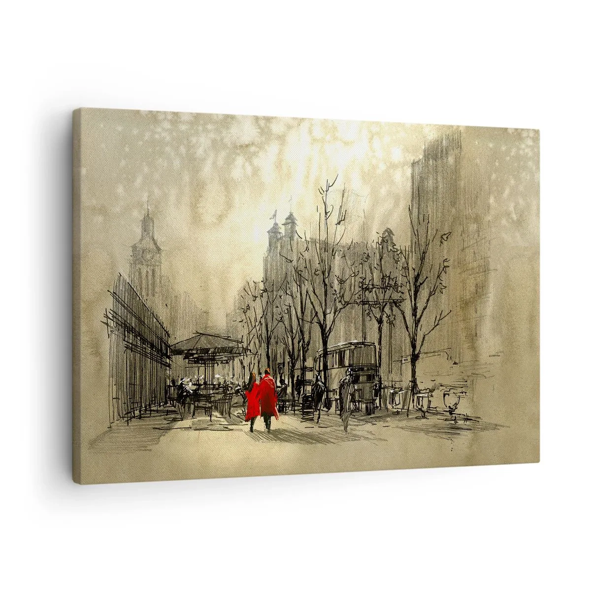 Impression sur toile - Image sur toile - Une figure rouge dans un décor urbain nostalgique - 70x50cm - Rendez-vous dans le brouillard de Londres - Décoration murale moderne pour le salon et la chambre ARTTOR