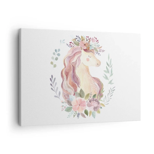 Impression sur toile - Image sur toile - Une licorne aux couleurs pastel entourée de fleurs - 70x50cm - Invitation au monde des contes de fées - Décoration murale moderne pour le salon et la chambre ARTTOR